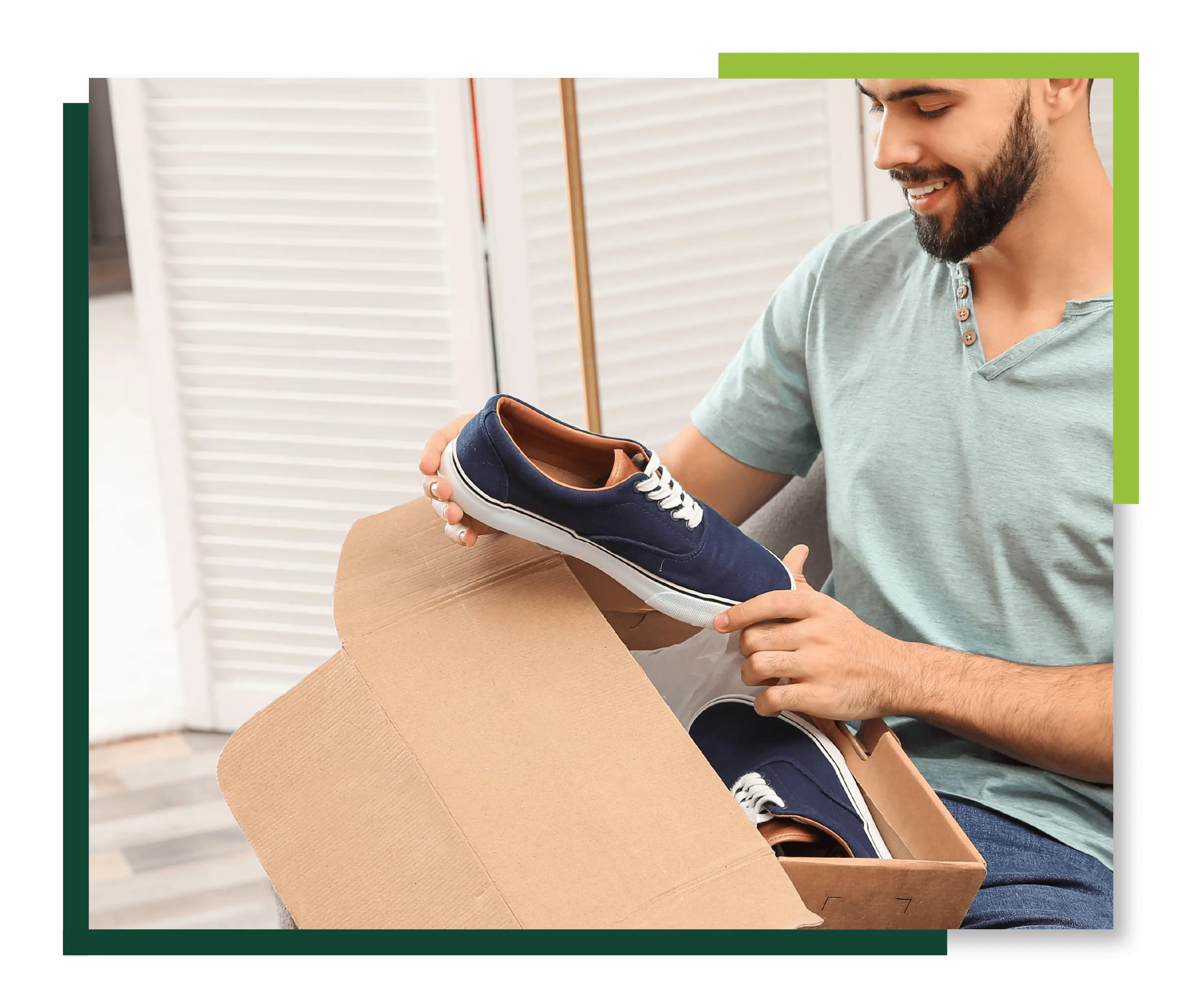 Man opening box containing shoes that were delivered through 
                    Norsk Global International eCommerce Service.